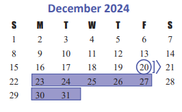District School Academic Calendar for Memorial Parkway Elementary for December 2024