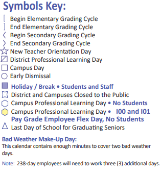 District School Academic Calendar Legend for Katy Elementary