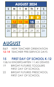 District School Academic Calendar for Bryant Elementary School for August 2024