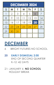 District School Academic Calendar for Bryant Elementary School for December 2024