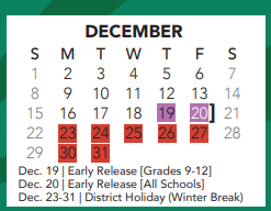 District School Academic Calendar for Park Glen Elementary for December 2024