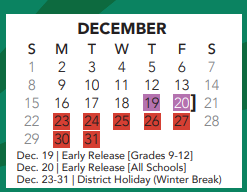 District School Academic Calendar for Bear Creek Intermediate for December 2024