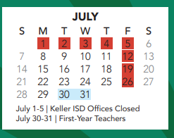 District School Academic Calendar for Keller High School for July 2024