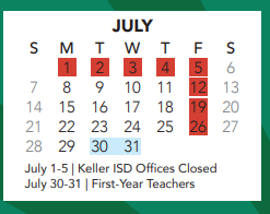 District School Academic Calendar for Keller Middle for July 2024