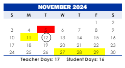 District School Academic Calendar for Herbert Hoover Elementary School for November 2024