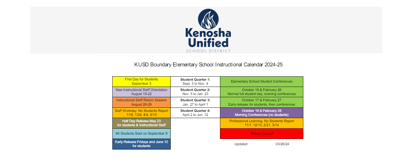 District School Academic Calendar Key for Bose Elementary