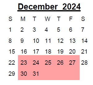 District School Academic Calendar for Northkey Com Care Intensive Services for December 2024