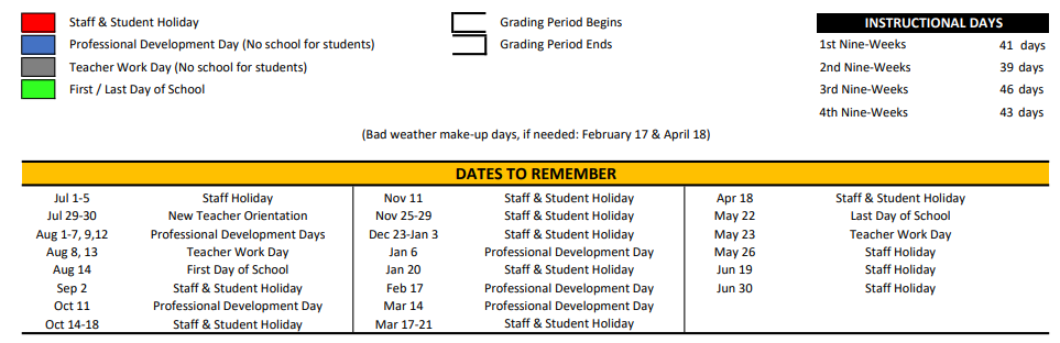 District School Academic Calendar Key for Killeen J J A E P