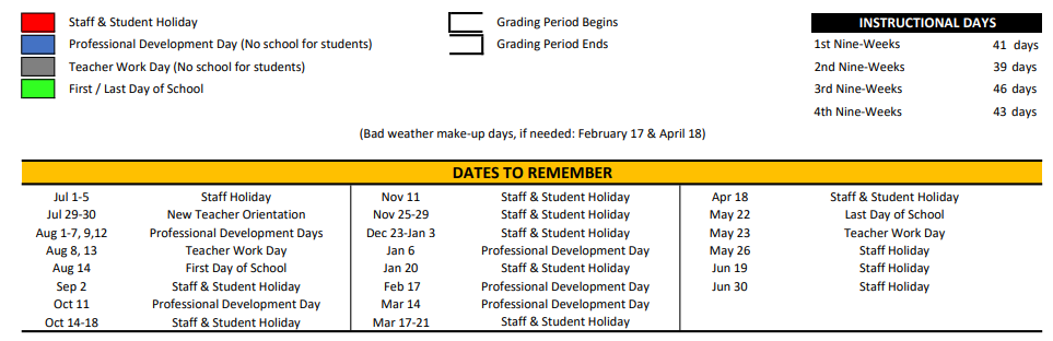 District School Academic Calendar Key for Pathways Learning Center