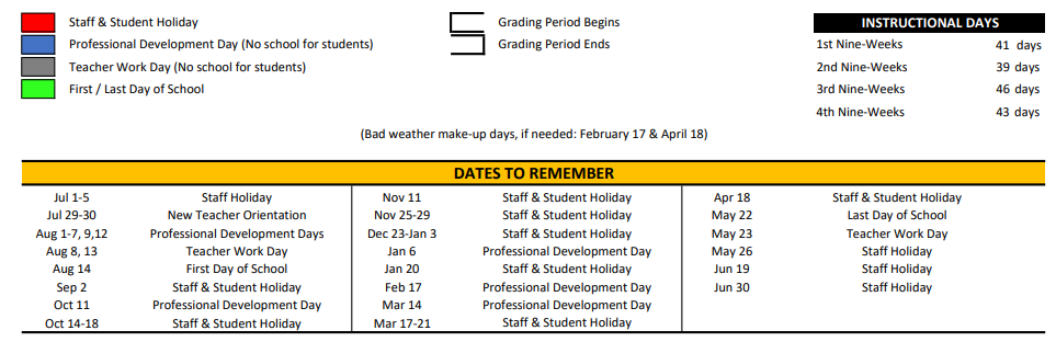 District School Academic Calendar Key for Gateway Middle School