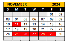 District School Academic Calendar for Gateway Middle School for November 2024