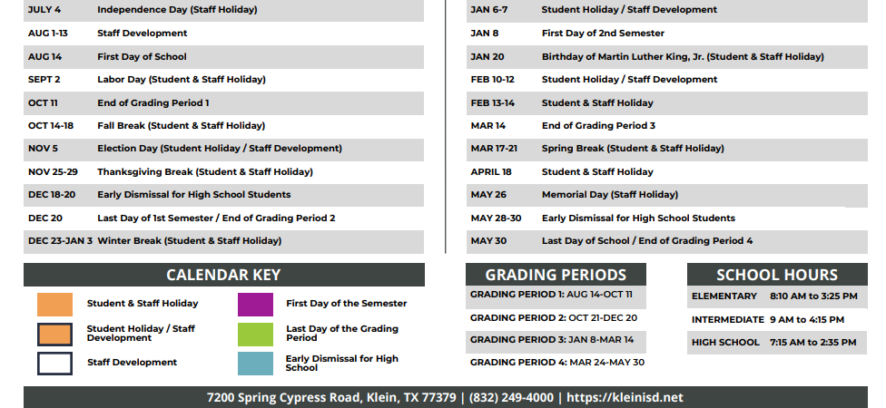 District School Academic Calendar Key for Klenk Elementary