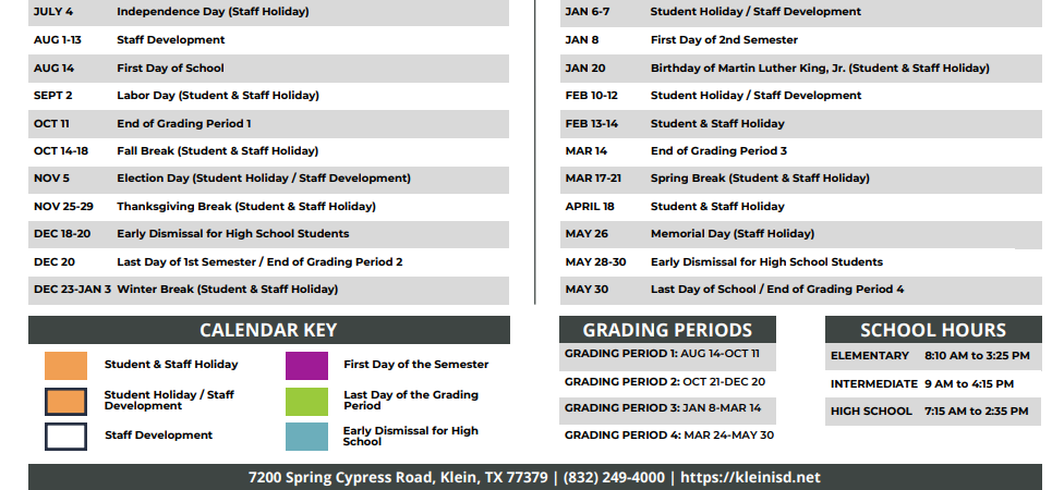 District School Academic Calendar Key for Kuehnle El