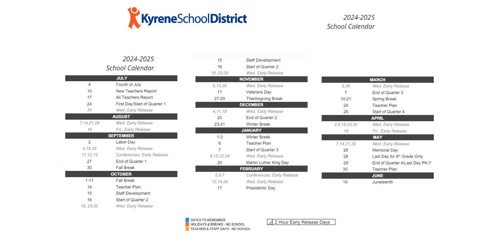 District School Academic Calendar Key for C I Waggoner School
