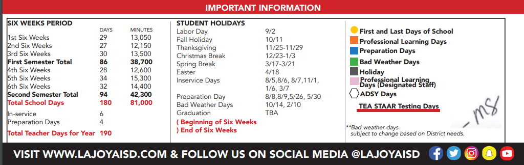 District School Academic Calendar Key for Benavides Elementary