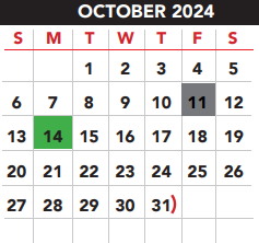 District School Academic Calendar for E B Reyna Elementary for October 2024