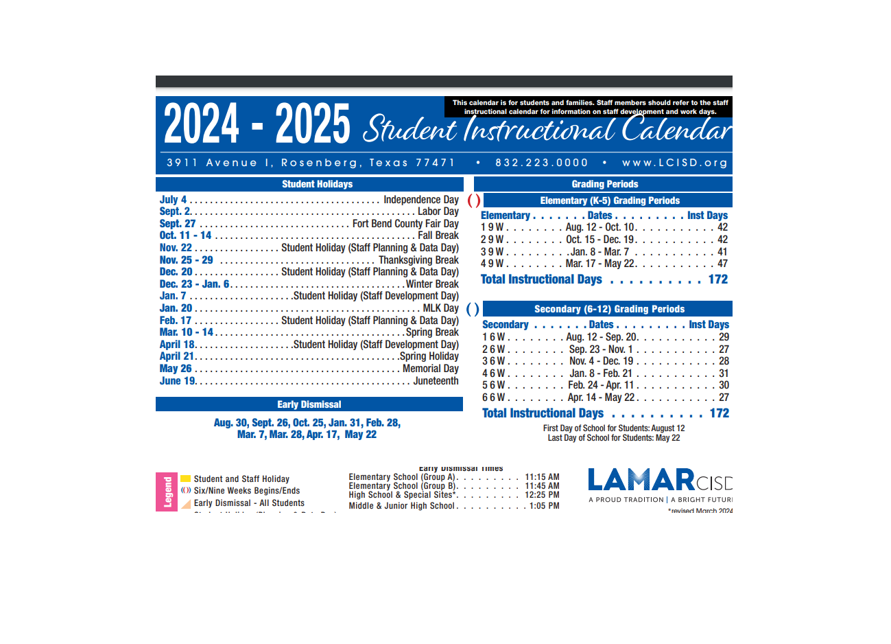 District School Academic Calendar Key for Lamar Cons High School