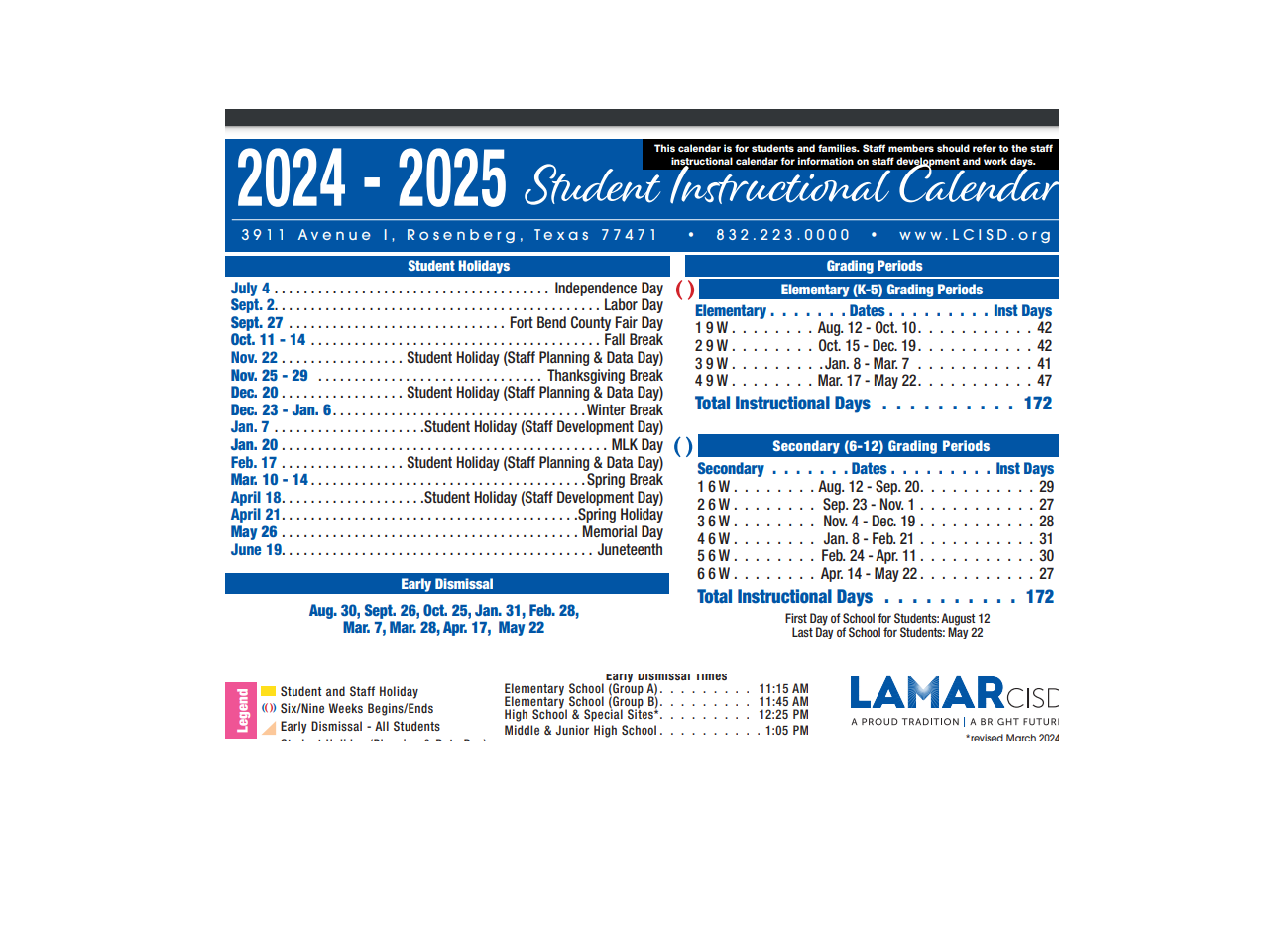 District School Academic Calendar Key for Fort Bend Co Alter