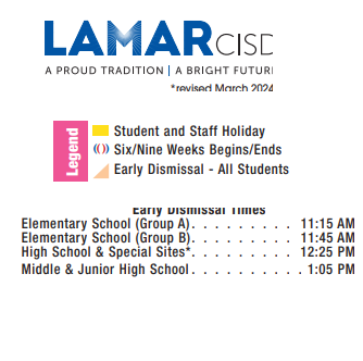 District School Academic Calendar Legend for Lamar Junior High