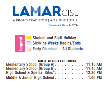 District School Academic Calendar Legend for Navarro Middle