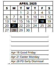 District School Academic Calendar for Sunshine Elementary School for April 2025
