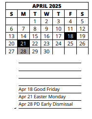 District School Academic Calendar for Bayshore Elementary School for April 2025