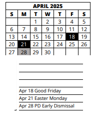 District School Academic Calendar for Paul Laurence Dunbar Middle School for April 2025