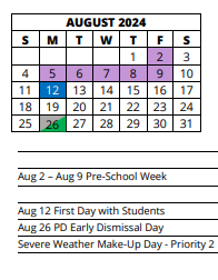 District School Academic Calendar for Bayshore Elementary School for August 2024