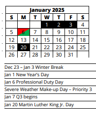 District School Academic Calendar for Early Childhood Learning Services for January 2025