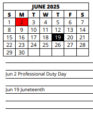 District School Academic Calendar for Lee County Superintendent's Office for June 2025