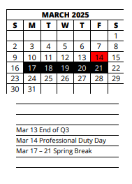 District School Academic Calendar for Early Childhood Learning Services for March 2025