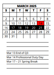 District School Academic Calendar for Pace School For Girls for March 2025