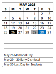 District School Academic Calendar for Pace School For Girls for May 2025