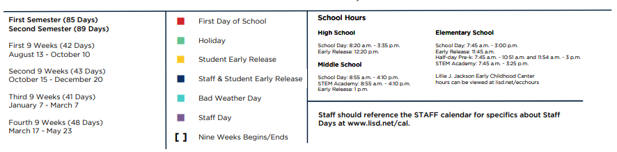 District School Academic Calendar Key for Lakeland Elementary