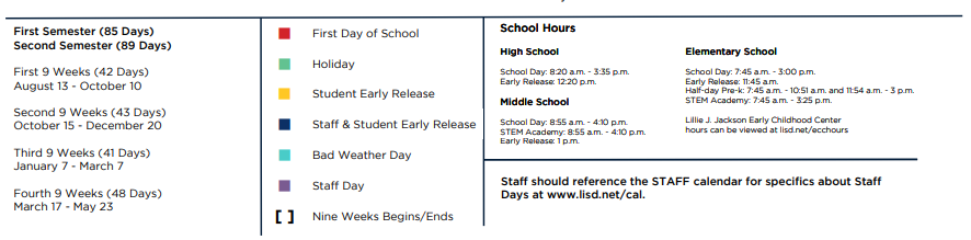 District School Academic Calendar Key for Peters Colony Elementary