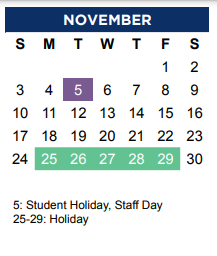 District School Academic Calendar for Legends Property for November 2024