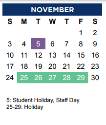 District School Academic Calendar for Marshall Durham Middle School for November 2024