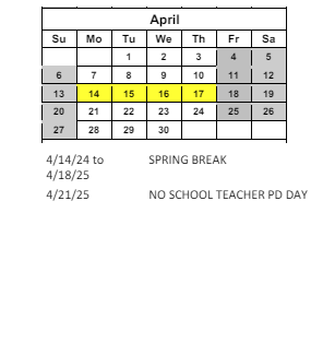 District School Academic Calendar for C O Bastian for April 2025