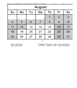 District School Academic Calendar for C O Bastian for August 2024