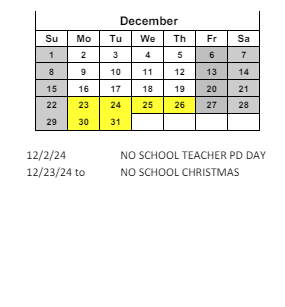 District School Academic Calendar for C O Bastian for December 2024