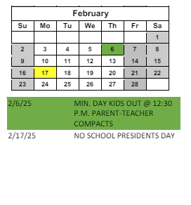 District School Academic Calendar for C O Bastian for February 2025