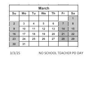 District School Academic Calendar for C O Bastian for March 2025
