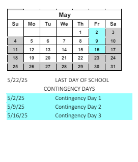 District School Academic Calendar for C O Bastian for May 2025