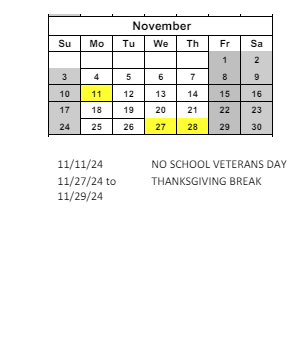 District School Academic Calendar for C O Bastian for November 2024