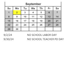 District School Academic Calendar for C O Bastian for September 2024