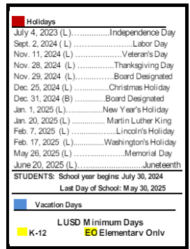 District School Academic Calendar Legend for University Public
