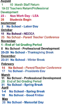 District School Academic Calendar Legend for Lorain Admiral King Excel HS