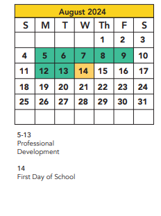 District School Academic Calendar for Parsons Elementary for August 2024