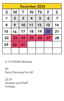 District School Academic Calendar for Honey Elementary for December 2024
