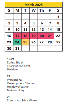 District School Academic Calendar for Honey Elementary for March 2025